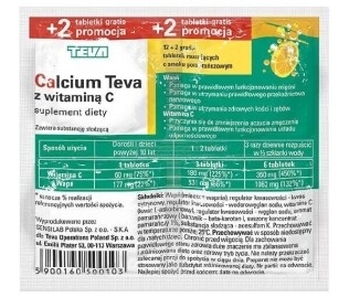Calcium Pliva z witaminą C o smaku pomarańczowym, 12 + 2 tabletki musujące