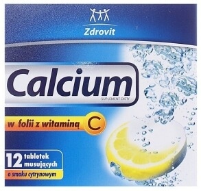 Calcium w folii z witaminą C, 12 tabletek musujących o smaku cytrynowym